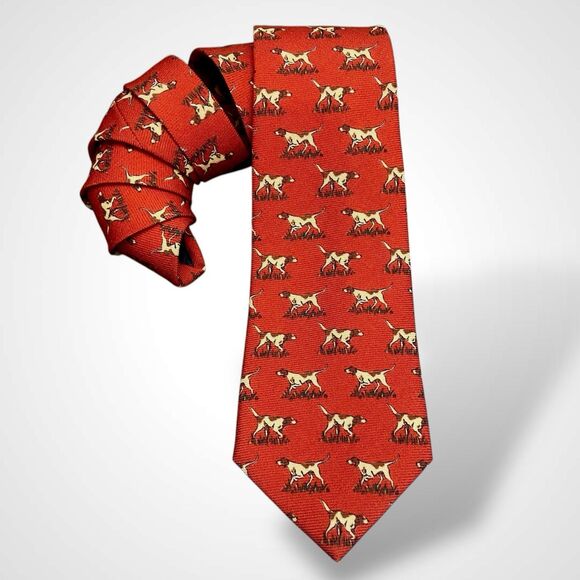 Polo Ralph Lauren Tie Red Hunting Dog Print 100% Wool Made In Italy Short 51" - Picture 1 of 7